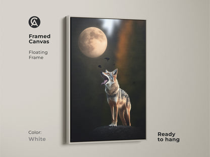 Framed canvas art depicting a coyote howling at the moon. This wildlife photography wall art features a white floating frame. It offers a clean modern look for your space. Perfect as bedroom wall art or as a thoughtful animal lover gift canvas.
