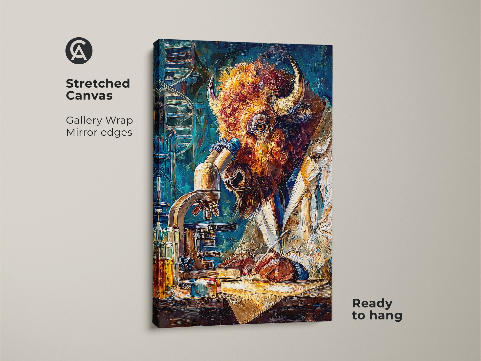 Stretched canvas art featuring a buffalo scientist at work. The gallery wrap and mirror edges create a seamless and modern look. Ready to hang this piece adds a sophisticated and whimsical touch to any room. Buy now to enhance your decor.