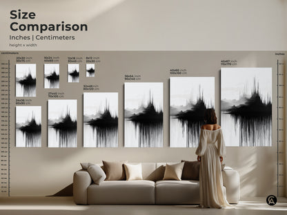 Size comparison displays the scale of abstract soundwave mountain artwork in various sizes on canvas. Visualize how these minimalist black and white art pieces fit above furniture. Choose the ideal contemporary wall art size to enhance your living room.