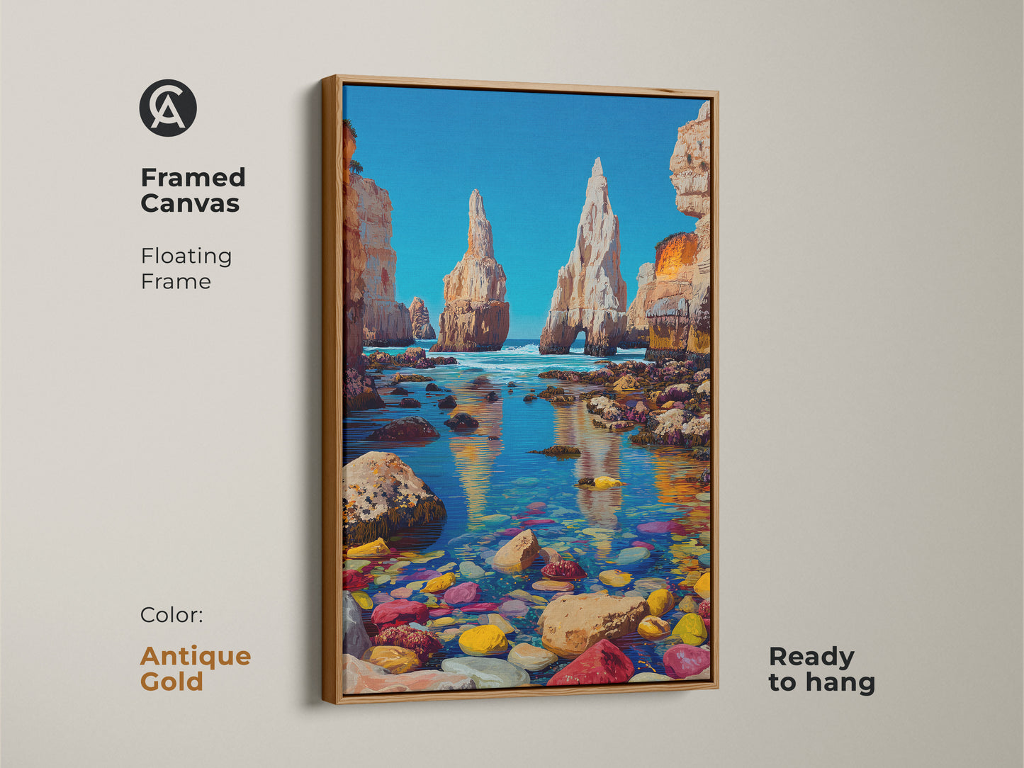 Framed canvas displays a floating frame in antique gold. The picture has an ocean landscape with coastal cliffs wall art. This beach house art print offers a vibrant coastal landscape. Ready to hang the artwork in a frame.