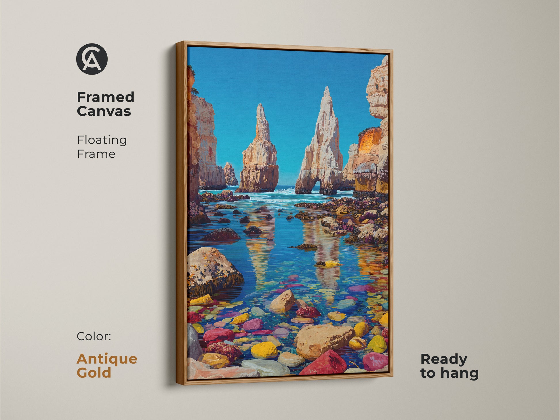 Framed canvas displays a floating frame in antique gold. The picture has an ocean landscape with coastal cliffs wall art. This beach house art print offers a vibrant coastal landscape. Ready to hang the artwork in a frame.