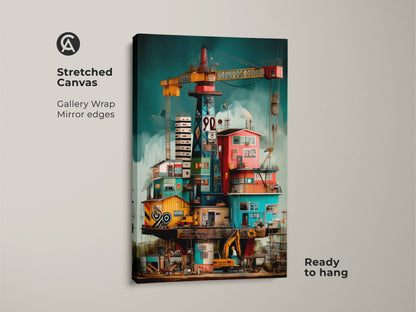 Stretched canvas print of surreal industrial artwork with gallery wrap and mirror edges. This piece is ready to hang displaying construction cranes and architectural elements in yellow red and teal. Loft style home decor or unique industrial art.