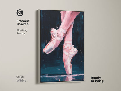 Framed canvas of ballerina feet artwork with a white floating frame. This ready-to-hang painting features pink feet and white ballet slippers. Elevate your space with this stunning ballet art piece.