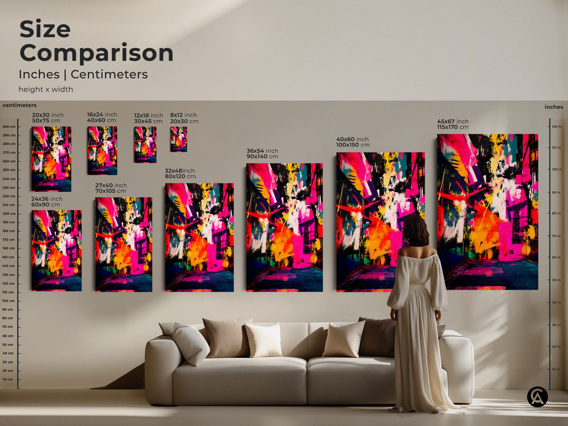 Compare sizes of abstract art prints in inches and centimeters. See a woman standing next to various canvas sizes. From small to large you can find the perfect fit. Visualize art scale for your living room or office. Choose the ideal size for your artwork today and transform your space.