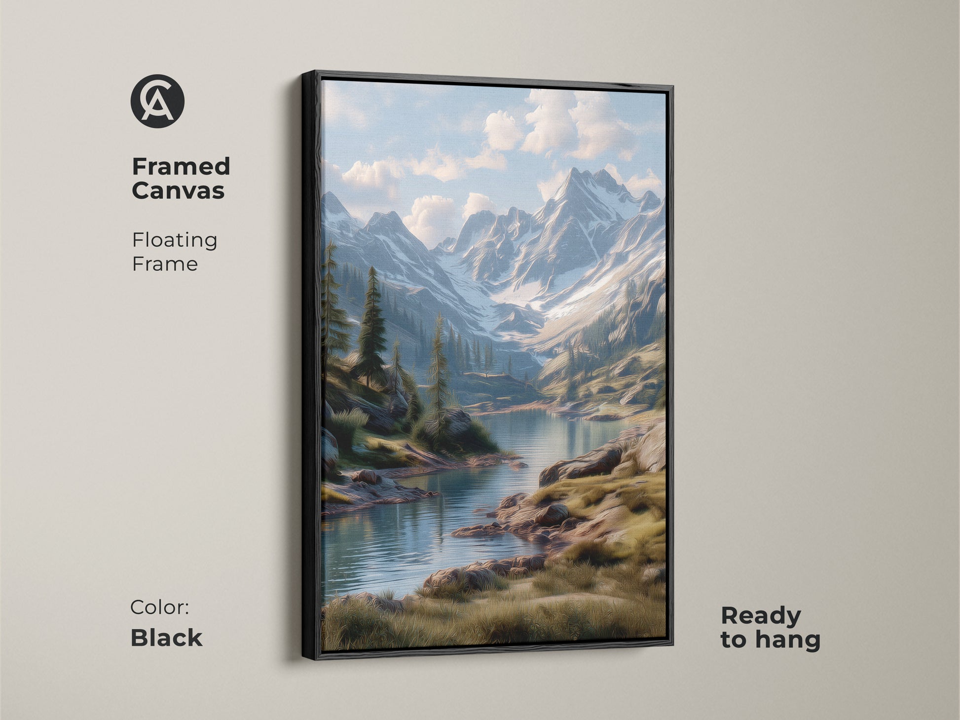 Framed canvas featuring a scenic mountain lake artwork. This floating frame enhances the landscape painting. The black frame adds a modern touch. Ready to hang this artwork is perfect for any room. Elevate your home decor with this beautiful wall art.