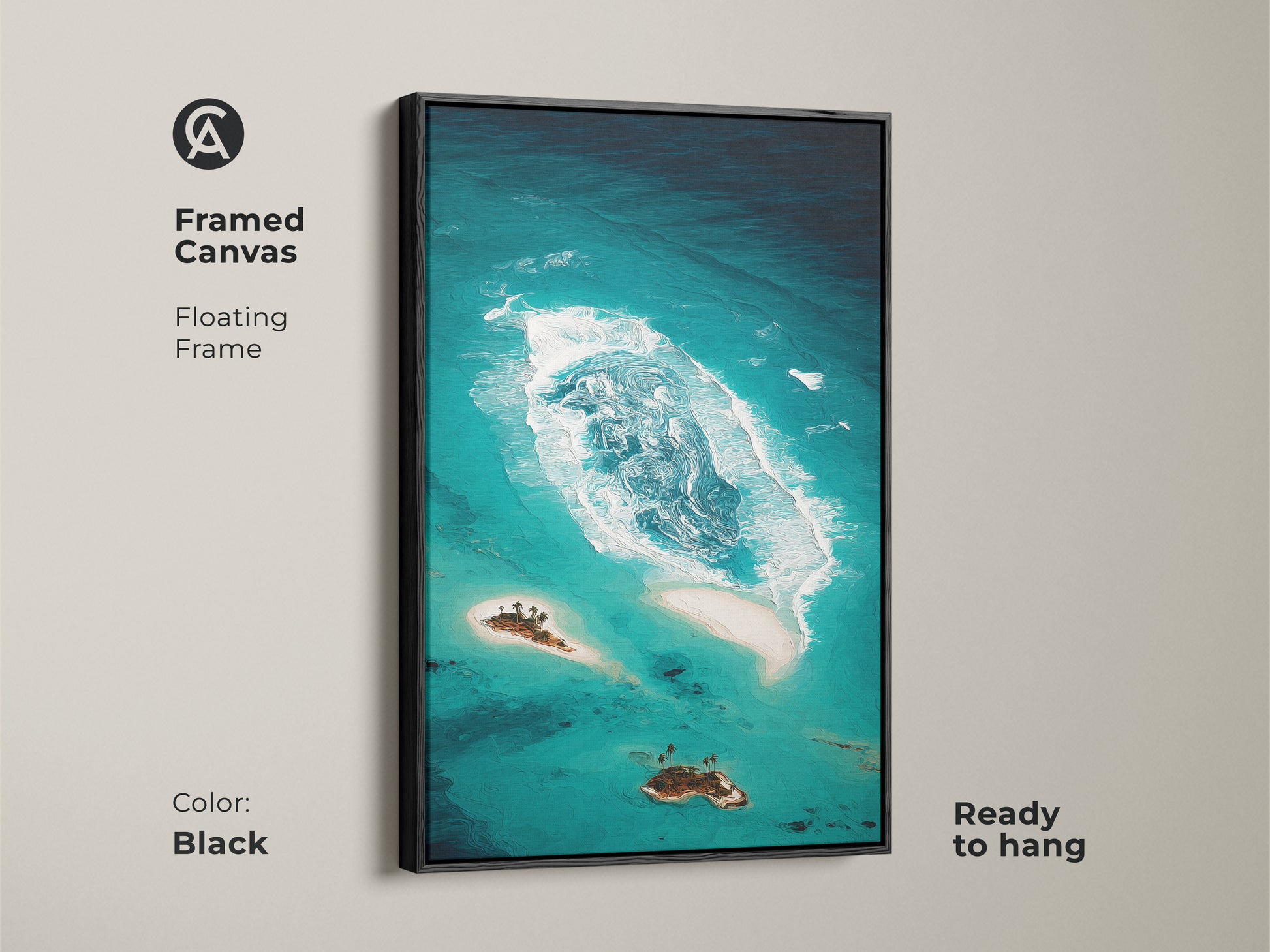 Framed canvas of an abstract teal ocean is ready to hang. The black floating frame enhances the coastal island artwork. This tropical beach landscape features deep teal and aqua tones. This turquoise ocean art adds a modern touch.