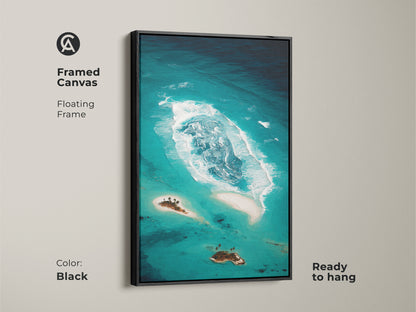 Framed canvas of an abstract teal ocean is ready to hang. The black floating frame enhances the coastal island artwork. This tropical beach landscape features deep teal and aqua tones. This turquoise ocean art adds a modern touch.
