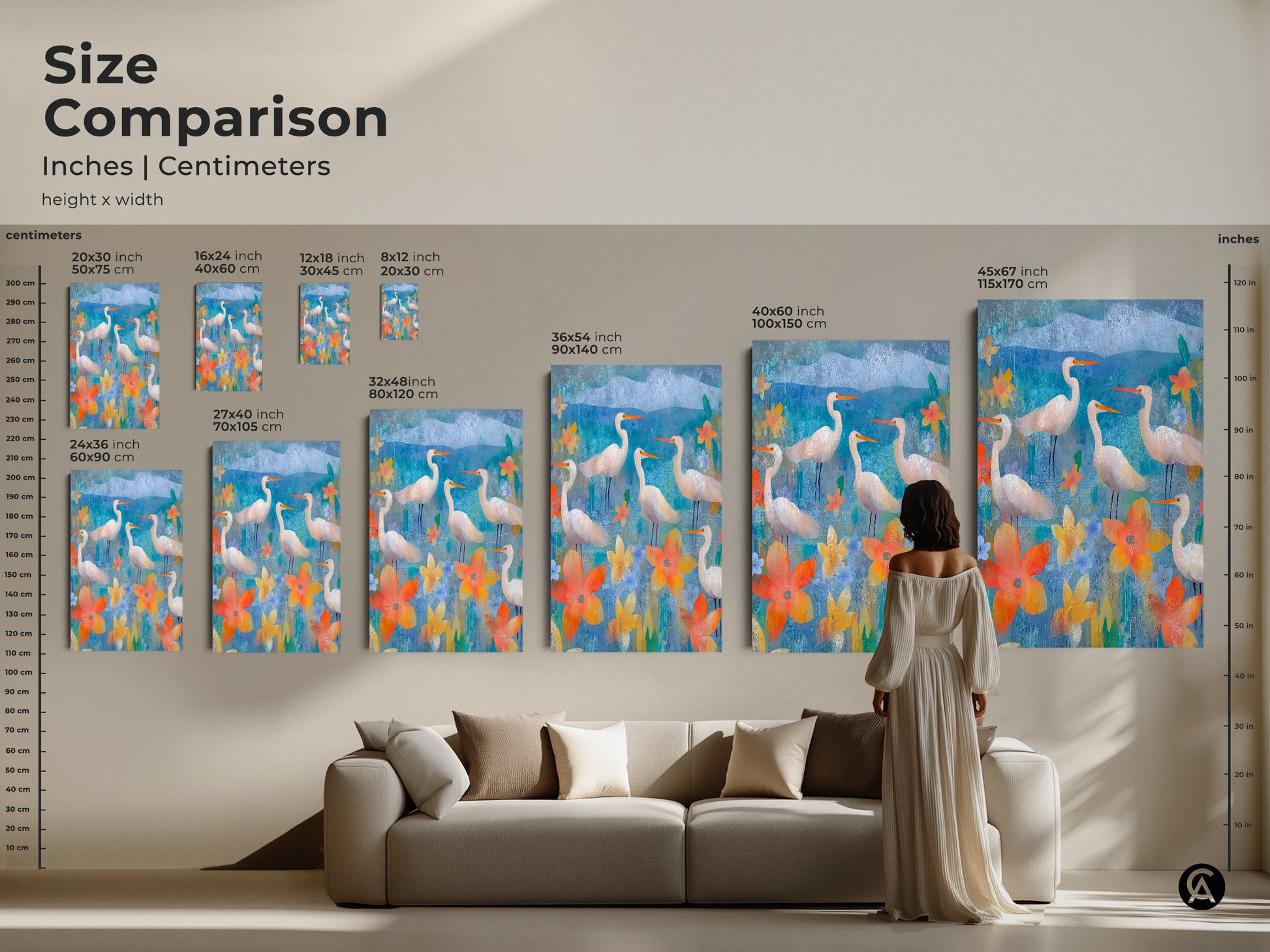 Size comparison featuring the Eclectic Egret and Floral Canvas. See how the art scales in inches and centimeters. Find the perfect fit for your living room with our size comparison guide.