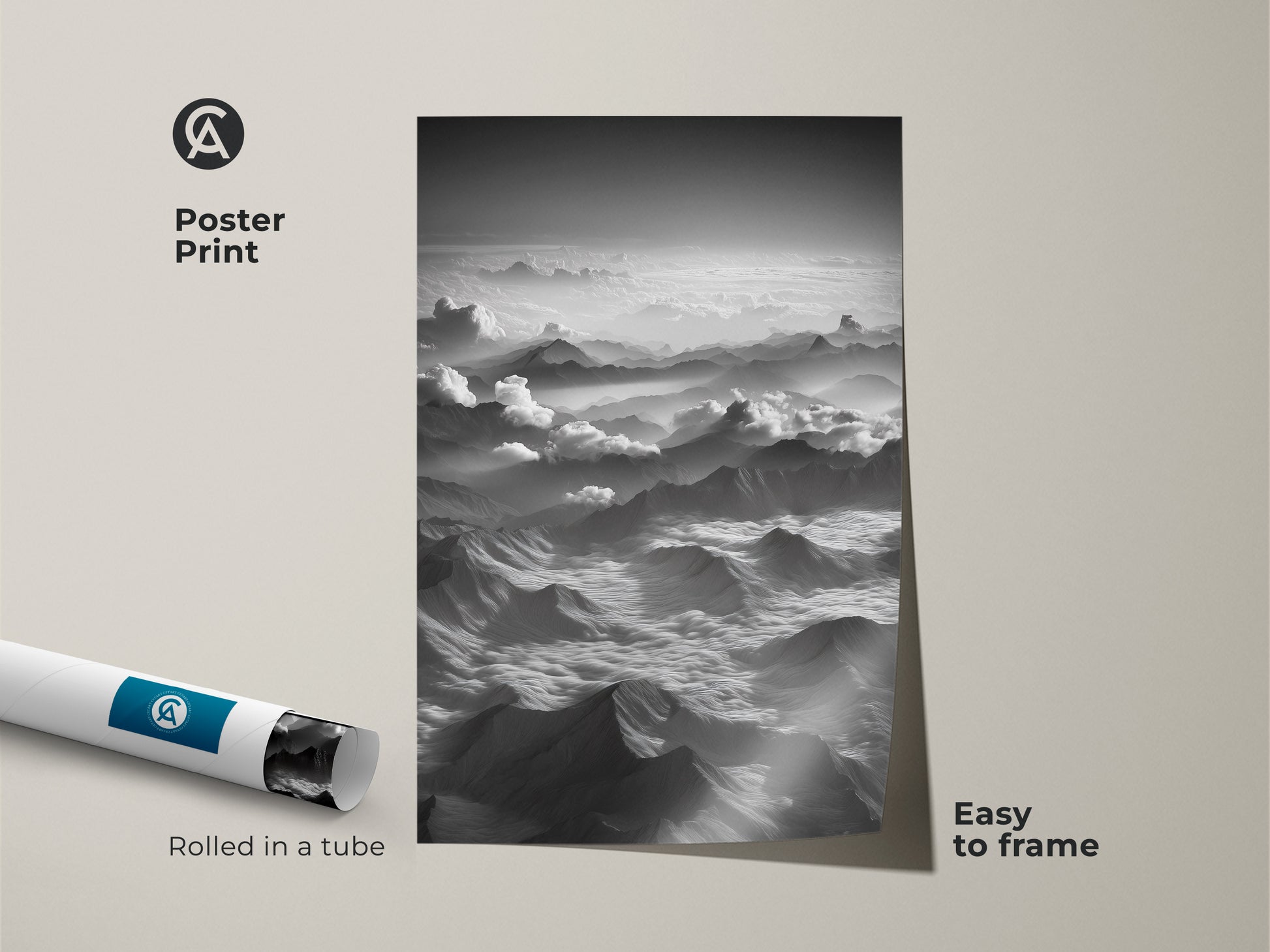 Poster print features a monochrome mountain wall art. Aerial landscape shows black and white mountain artwork. Easy to frame cloudscape art print for modern decor. Minimalist landscape decor for travel enthusiasts. This unique nature artwork is rolled in a protective tube.
