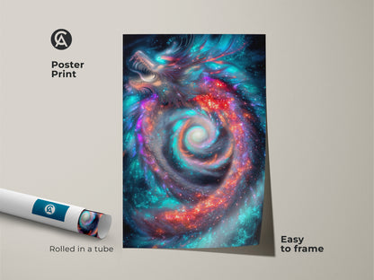 Poster print of cosmic dragon art. This fantasy space art print arrives rolled in a tube. It is easy to frame. The sci-fi dragon decor makes a great gift for astronomy fans. Showcases a nebula.