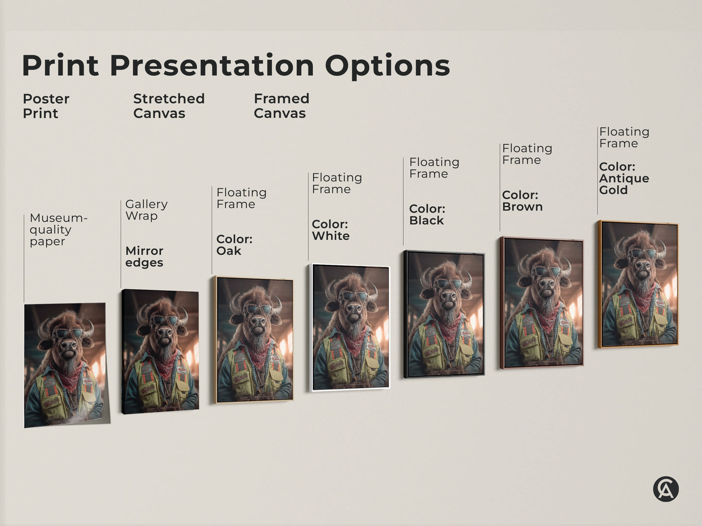 Explore diverse print presentation options of the cool Sunglasses Buffalo artwork. Options include poster stretched canvas and framed canvas in black brown antique gold and oak frames. This animal lover gift idea is versatile for any decor style.