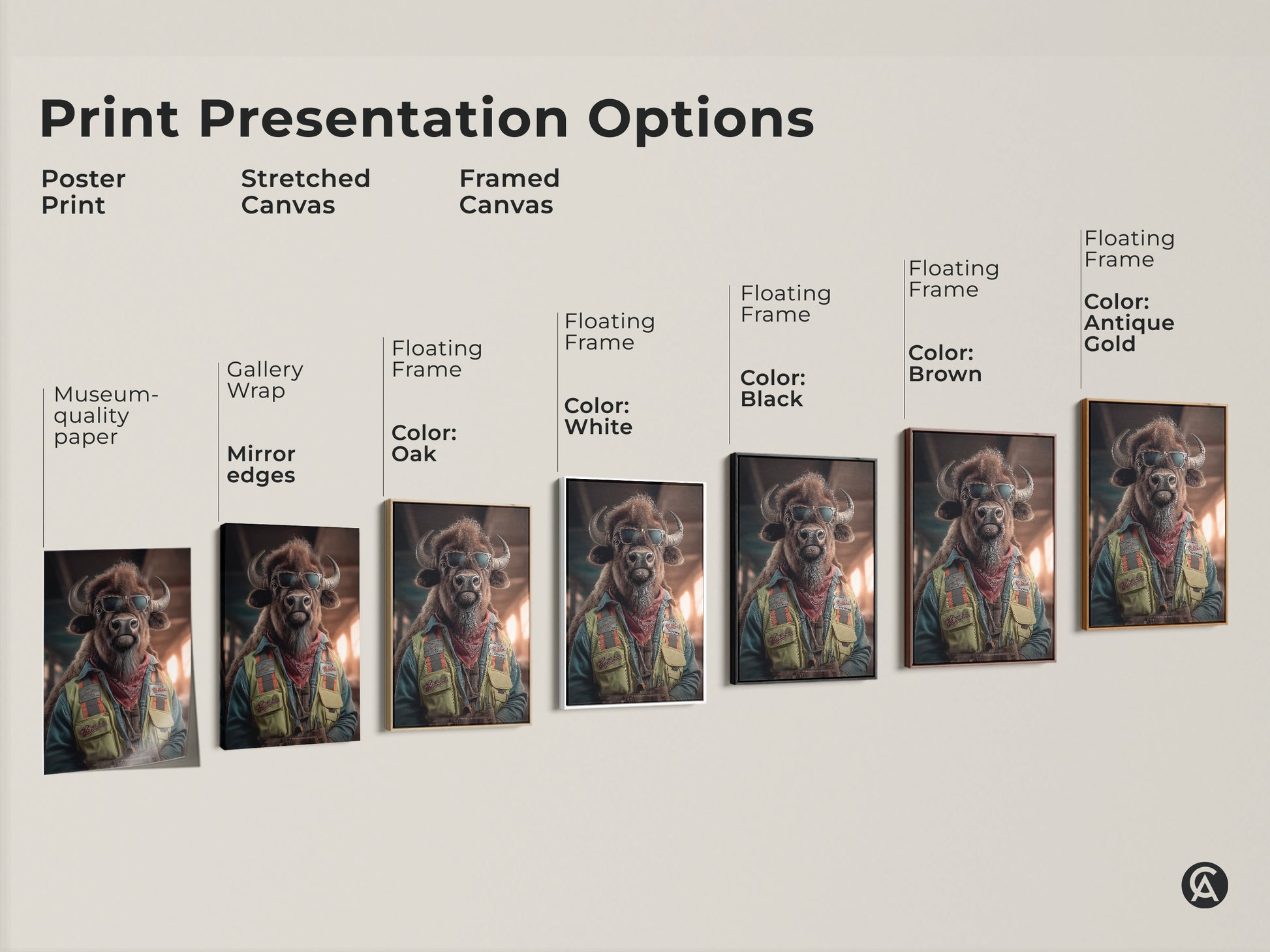Explore diverse print presentation options of the cool Sunglasses Buffalo artwork. Options include poster stretched canvas and framed canvas in black brown antique gold and oak frames. This animal lover gift idea is versatile for any decor style.