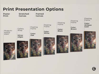 Explore diverse print presentation options of the cool Sunglasses Buffalo artwork. Options include poster stretched canvas and framed canvas in black brown antique gold and oak frames. This animal lover gift idea is versatile for any decor style.