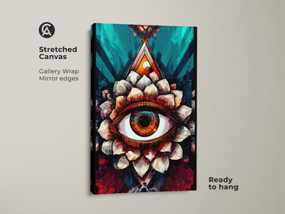 Stretched canvas print of a surreal lotus eye artwork. The amber and teal colors bring a spiritual touch to your decor. Ready to hang with gallery wrapped edges. This abstract eye wall art is perfect for adding a mystic and eclectic vibe to any room.