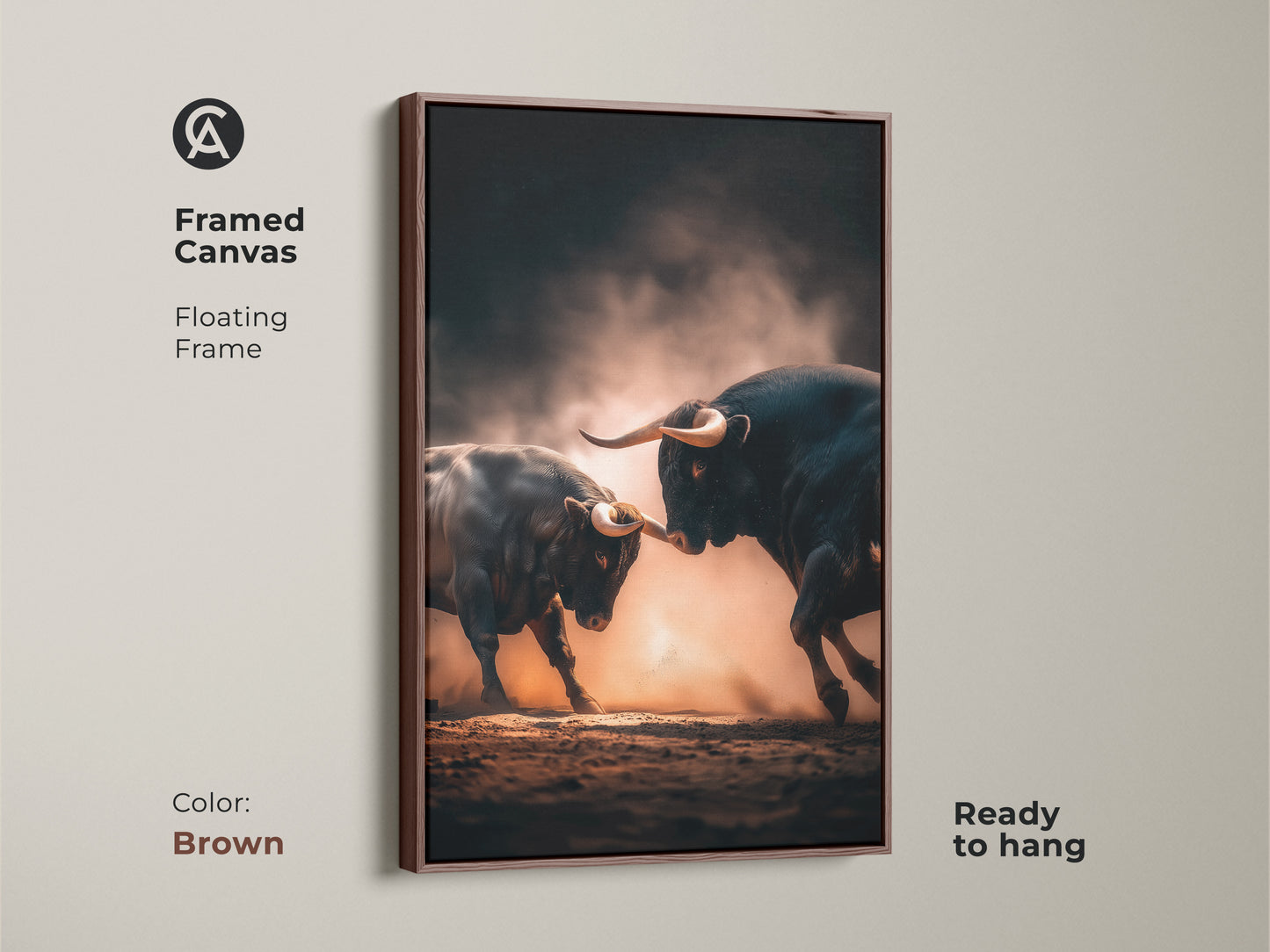Framed canvas of two bulls fighting with a brown floating frame. This animal artwork is ready to hang. A great addition to any room. The bull fighting artwork captures the intensity of the moment. Perfect for any home.