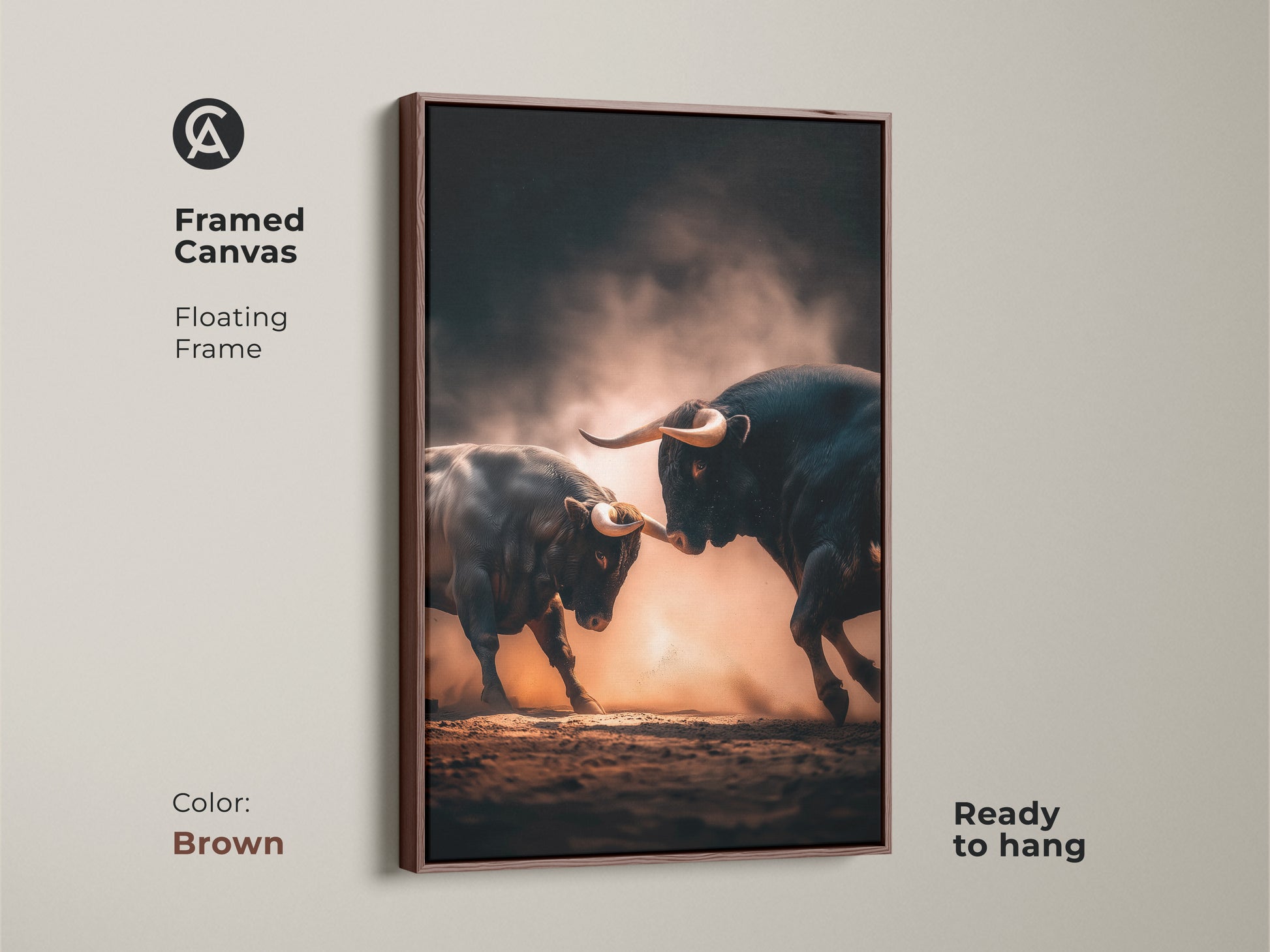 Framed canvas of two bulls fighting with a brown floating frame. This animal artwork is ready to hang. A great addition to any room. The bull fighting artwork captures the intensity of the moment. Perfect for any home.