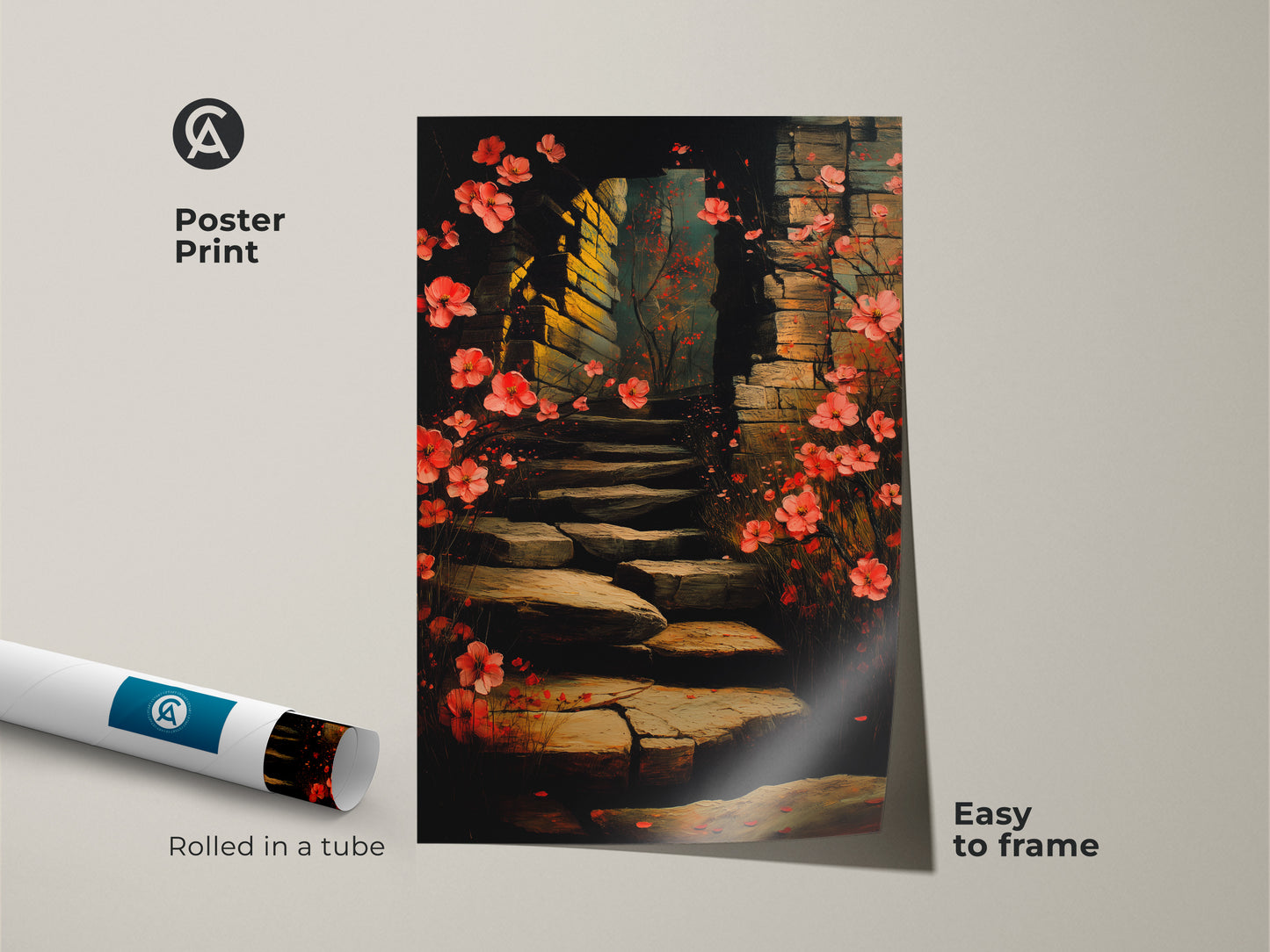 Poster print of an impressionistic floral archway. This red and pink blossom artwork features a winding stone stairway. Easy to frame it adds natural beauty to any room. Ideal for plant lovers and those seeking a unique boho botanical wall art.