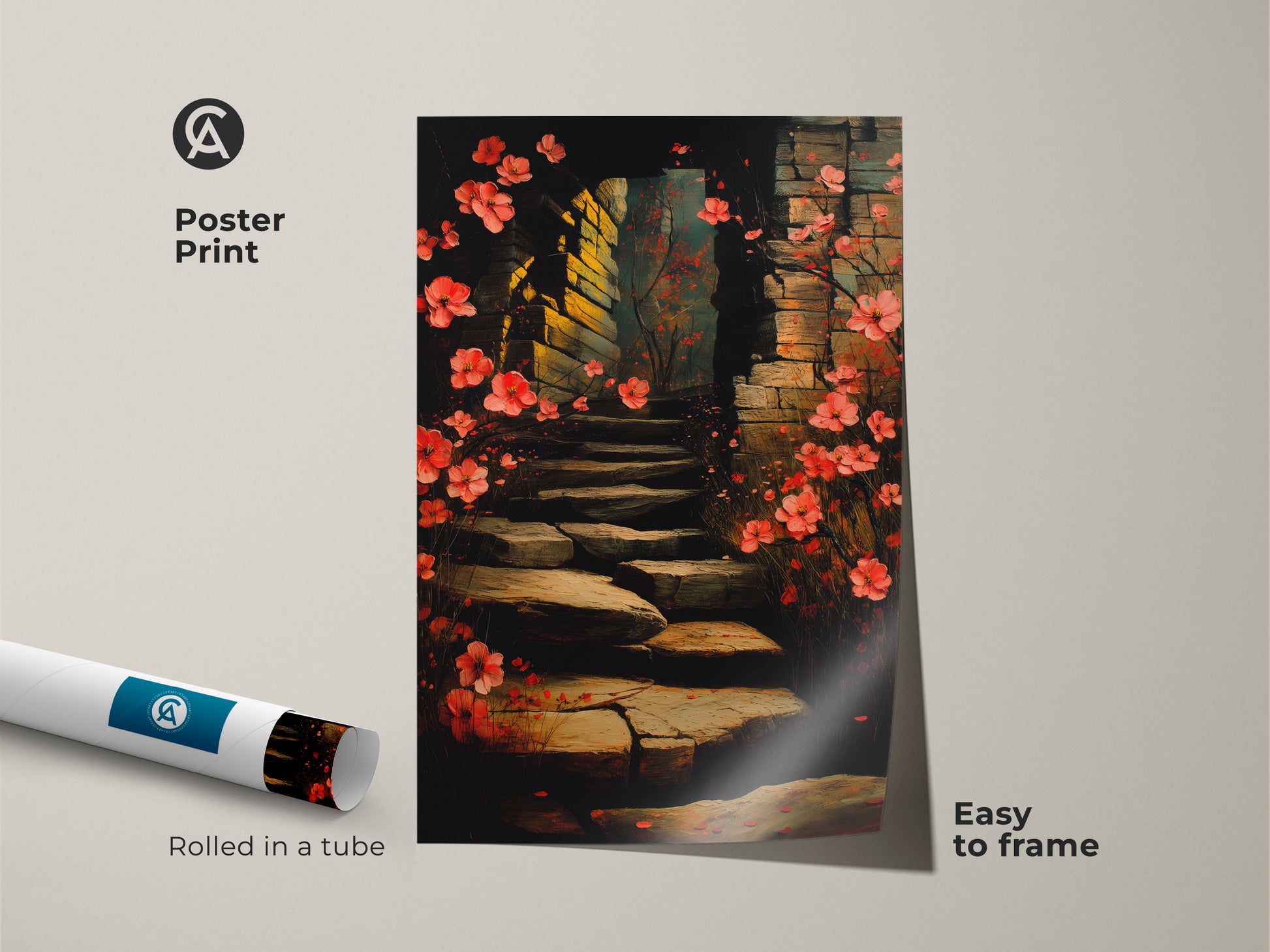 Poster print of an impressionistic floral archway. This red and pink blossom artwork features a winding stone stairway. Easy to frame it adds natural beauty to any room. Ideal for plant lovers and those seeking a unique boho botanical wall art.