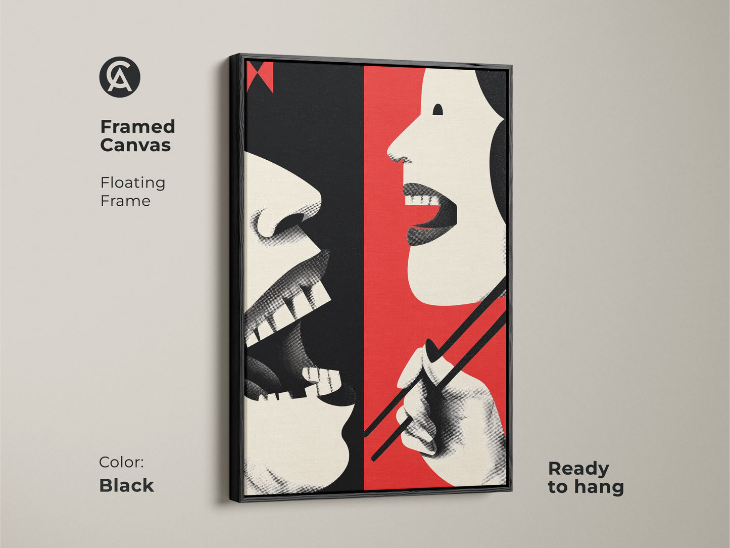 Framed canvas showcases abstract mouth and chopsticks art. The floating frame art features a retro style. Red cream and black artwork makes perfect eclectic dining room art. It's ready to hang and ideal as a foodie gift.