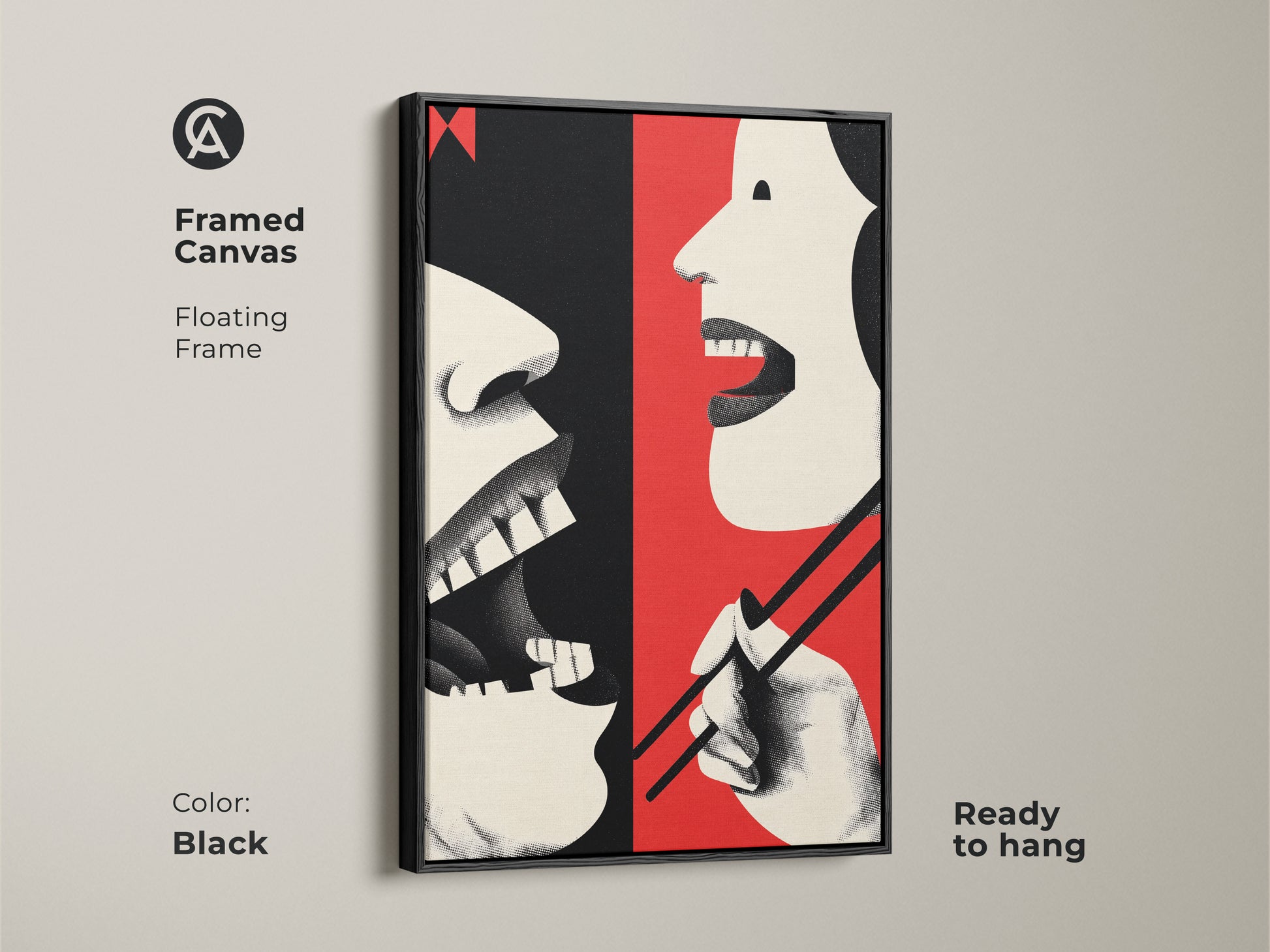 Framed canvas showcases abstract mouth and chopsticks art. The floating frame art features a retro style. Red cream and black artwork makes perfect eclectic dining room art. It's ready to hang and ideal as a foodie gift.