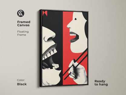 Framed canvas showcases abstract mouth and chopsticks art. The floating frame art features a retro style. Red cream and black artwork makes perfect eclectic dining room art. It's ready to hang and ideal as a foodie gift.