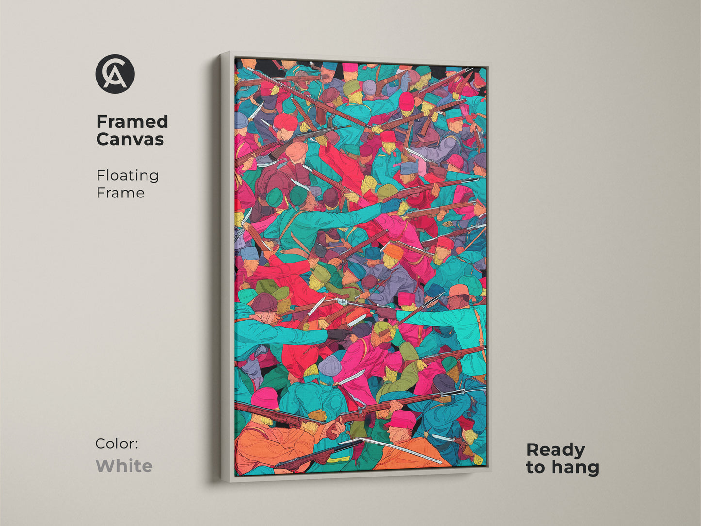 Framed canvas artwork presenting a historical battle scene. The artwork features soldiers with muskets in teal orange and red hues. It includes a floating white frame and is ready to hang. This piece brings an eclectic and bold art vibe to your home decor.