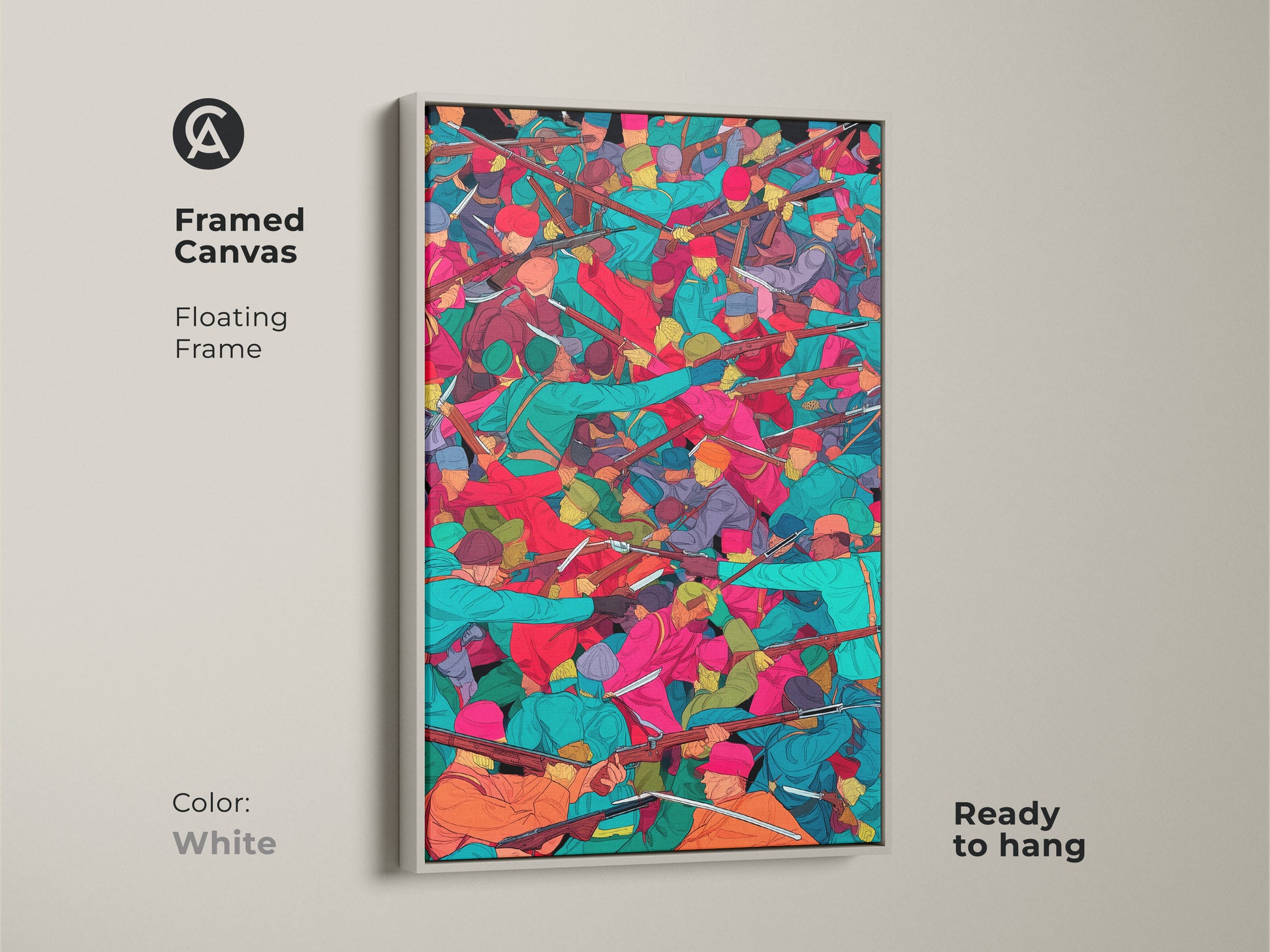 Framed canvas artwork presenting a historical battle scene. The artwork features soldiers with muskets in teal orange and red hues. It includes a floating white frame and is ready to hang. This piece brings an eclectic and bold art vibe to your home decor.