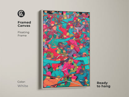 Framed canvas artwork presenting a historical battle scene. The artwork features soldiers with muskets in teal orange and red hues. It includes a floating white frame and is ready to hang. This piece brings an eclectic and bold art vibe to your home decor.