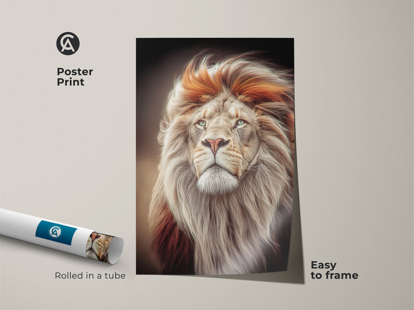 Poster print of the photorealistic lion. The artwork is rolled in a tube for easy framing. The gold and orange mane art provides a modern office wall decor option. This wildlife portrait print captures the king of the jungle. It makes a thoughtful animal lover gift.