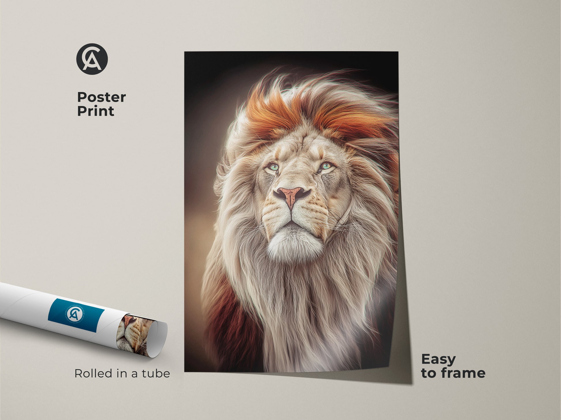 Poster print of the photorealistic lion. The artwork is rolled in a tube for easy framing. The gold and orange mane art provides a modern office wall decor option. This wildlife portrait print captures the king of the jungle. It makes a thoughtful animal lover gift.