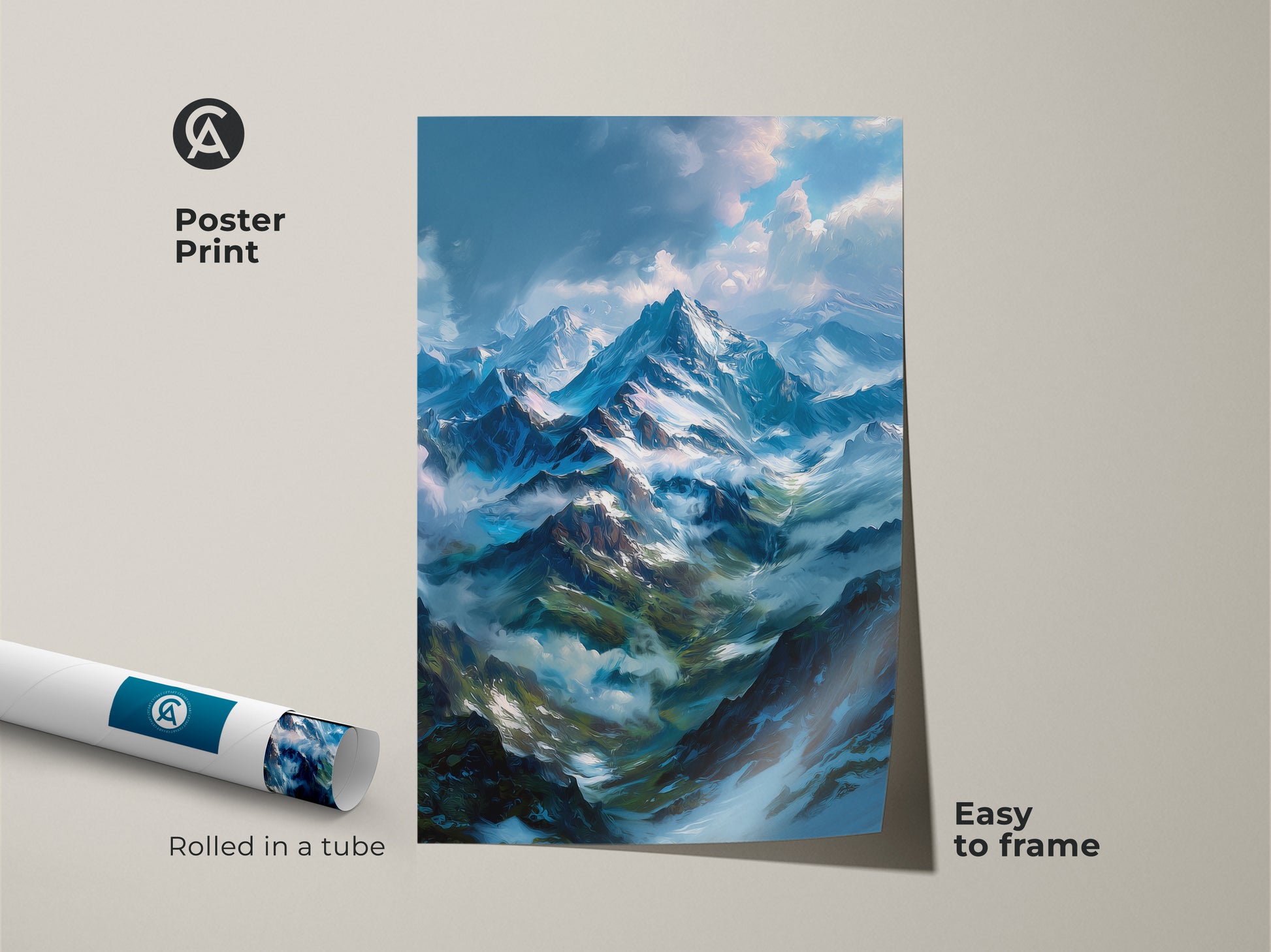 Poster print of a mountain artwork. The print features snow-covered mountains and beautiful clouds. This poster is easy to frame. It comes rolled in a tube. Buy this mountain view poster today.
