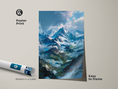 Poster print of a mountain artwork. The print features snow-covered mountains and beautiful clouds. This poster is easy to frame. It comes rolled in a tube. Buy this mountain view poster today.