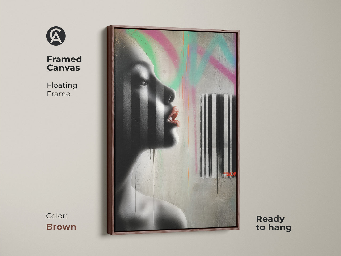 Framed canvas showcasing urban graffiti style woman art with a brown floating frame. This abstract portrait art features a striking black and white design accented with pink and green. Ready to hang this contemporary artwork adds an edgy touch to your home decor.
