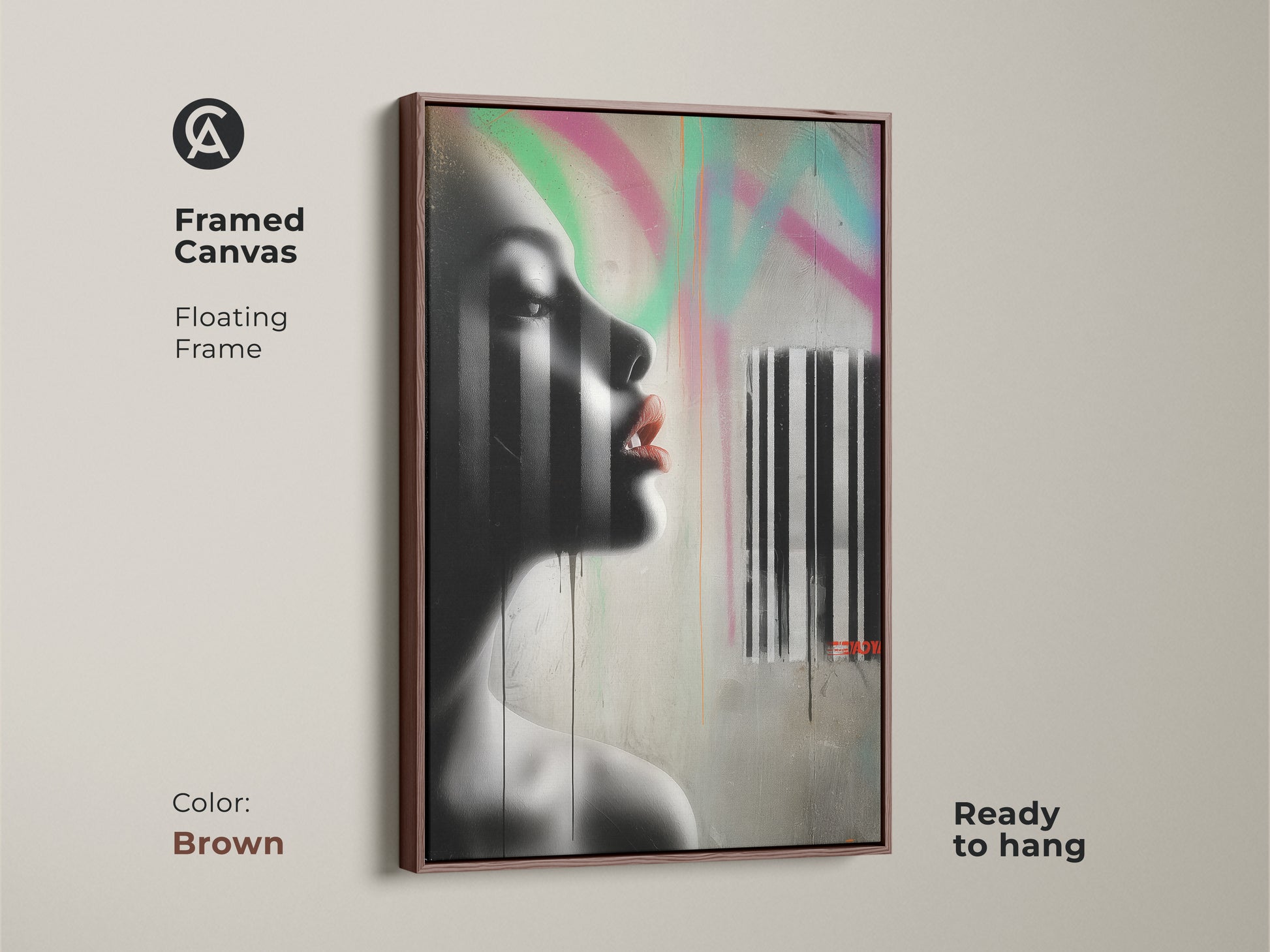Framed canvas showcasing urban graffiti style woman art with a brown floating frame. This abstract portrait art features a striking black and white design accented with pink and green. Ready to hang this contemporary artwork adds an edgy touch to your home decor.