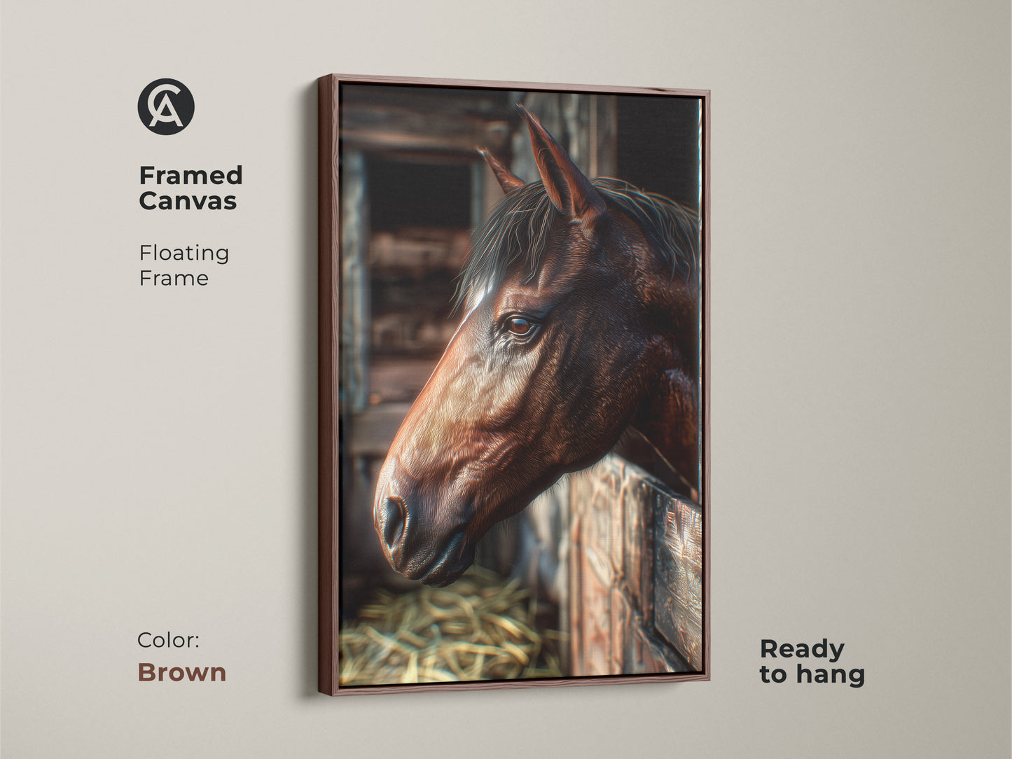 Framed canvas art featuring a horse in a barn. The floating frame comes in brown offering a warm aesthetic. This ready-to-hang horse artwork will complement your home decor with equestrian beauty.