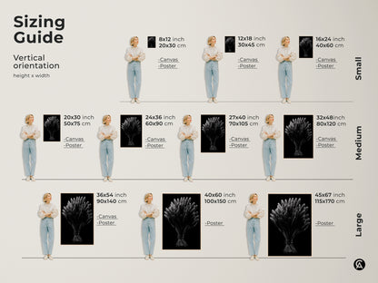 Sizing guide for vertical botanical artwork. Available in small medium and large canvas or poster prints. Find the perfect fit for your space. Personalize your home decor with stylish floral art today.