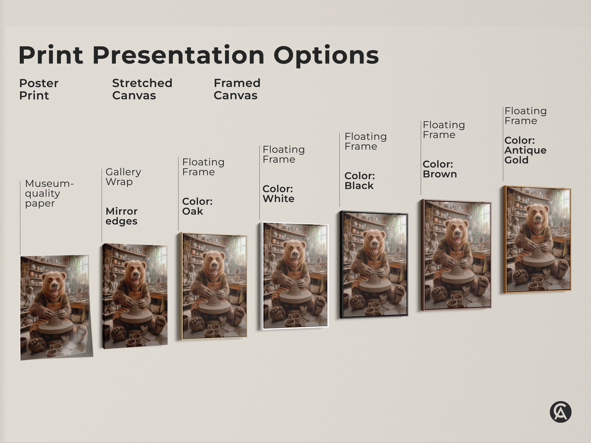 Explore print options like poster prints stretched canvas and framed canvas. The whimsical bear pottery art print suits museum-quality paper or gallery wrap. Floating frames are available in oak white black brown and antique gold. Enhance your decor with this animal artwork.