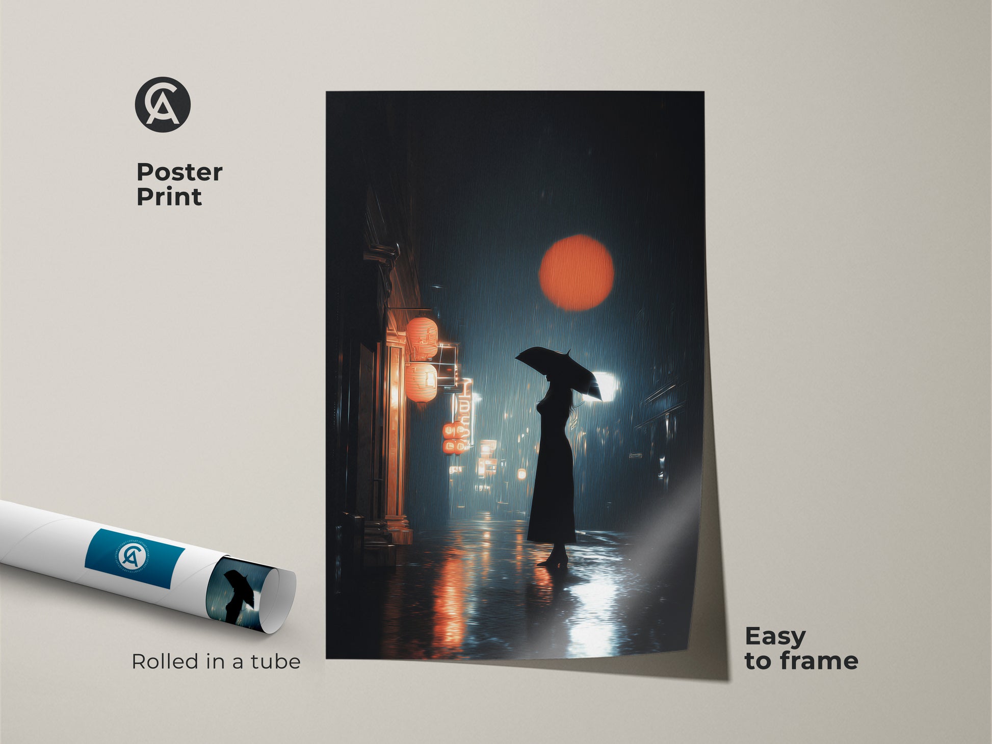 Poster art print of a rainy urban night cityscape. A woman with an umbrella walks by red lanterns. An orange sun illuminates travel decor. This contemporary artwork makes a unique housewarming gift.