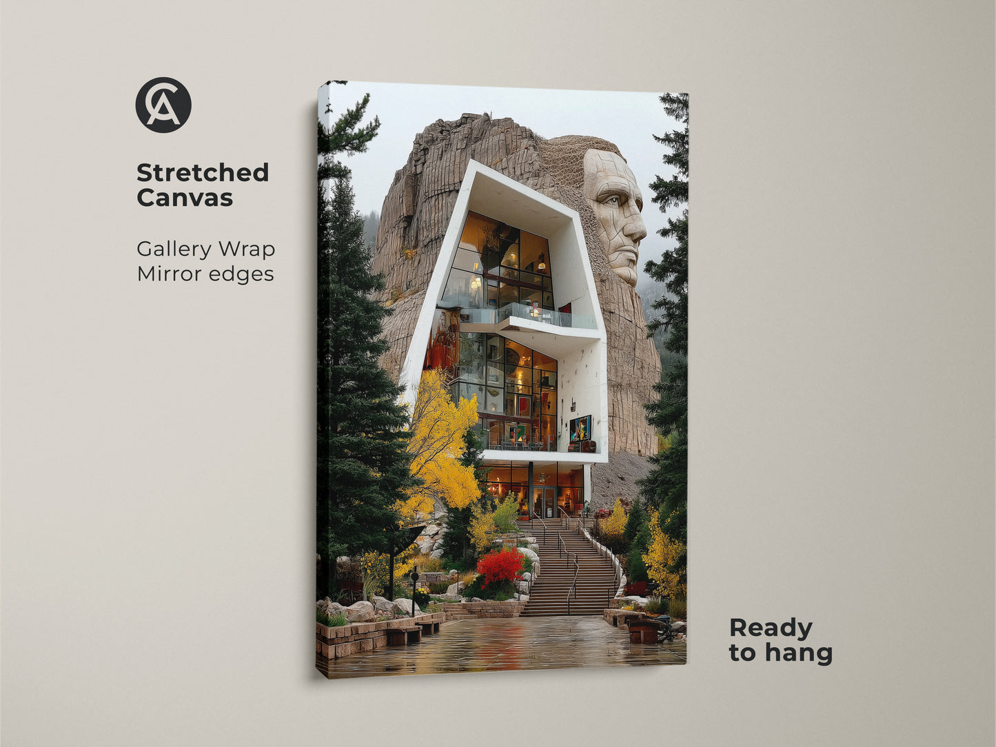 Stretched Canvas of Architectural Wonder Art Print. Gallery wrapped with mirror edges this modern house art print is ready to hang. Contemporary architecture wall art merges with stone carving home decor. It is a captivating piece of wall art for architecture lovers.