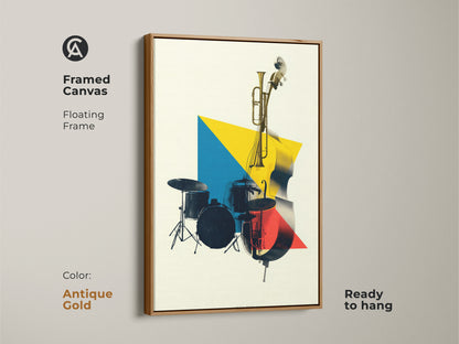 Antique gold framed canvas floating frame of geometric music artwork. Modern abstract double bass and trumpet art with yellow blue red accents. Ready to hang for office home or studio.