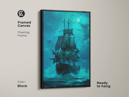 Black Framed Canvas Artwork of a Pirate Ship Sailing Under the Moonlight. Ready to hang this floating frame adds a touch of elegance. Perfect for nautical themed room decor. This artwork is a great addition to any art collection. Shop now