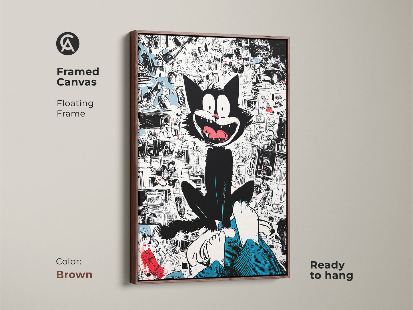 Framed canvas art print with a floating frame in brown color. This features a whimsical black cat sitting above a person's feet. The background showcases a collage of cartoon imagery. The framed art is ready to hang.