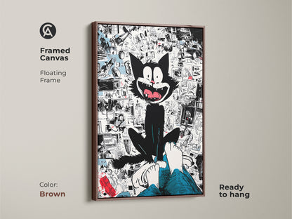 Framed canvas art print with a floating frame in brown color. This features a whimsical black cat sitting above a person's feet. The background showcases a collage of cartoon imagery. The framed art is ready to hang.