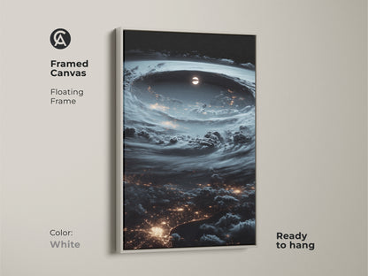Framed canvas of a space hurricane with a white floating frame. The artwork showcases Earth's city lights. Ready to hang and brings a celestial view to your home. Deep blue and gray tones create a modern look. Ideal for contemporary bedrooms and living rooms. A unique gift.