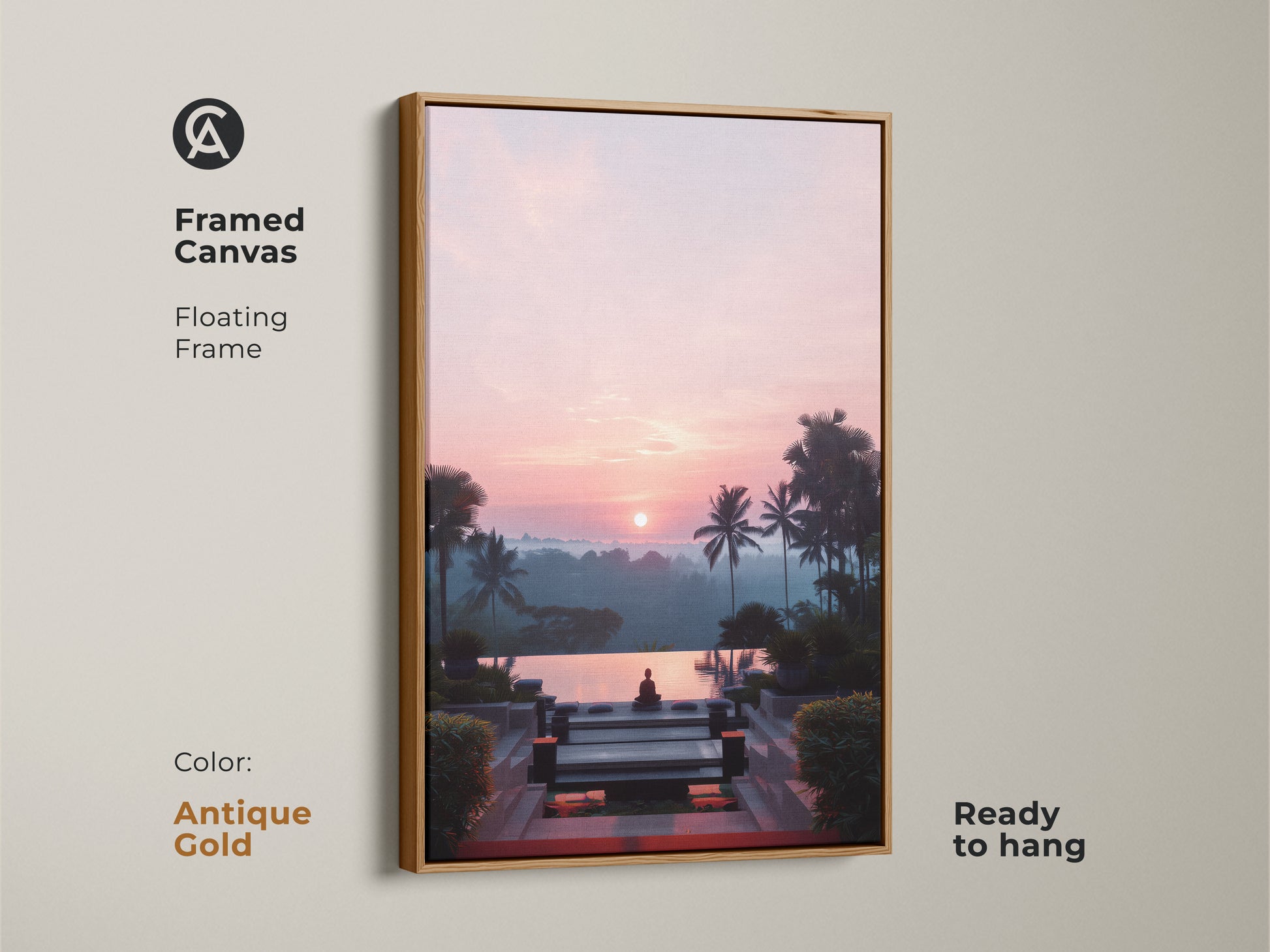 Framed canvas artwork featuring a Zen Buddha statue by an infinity pool at sunset. The tropical artwork has an antique gold floating frame and is ready to hang. The pink and orange hues create a calming atmosphere. Perfect for yoga and meditation spaces. A serene art piece.