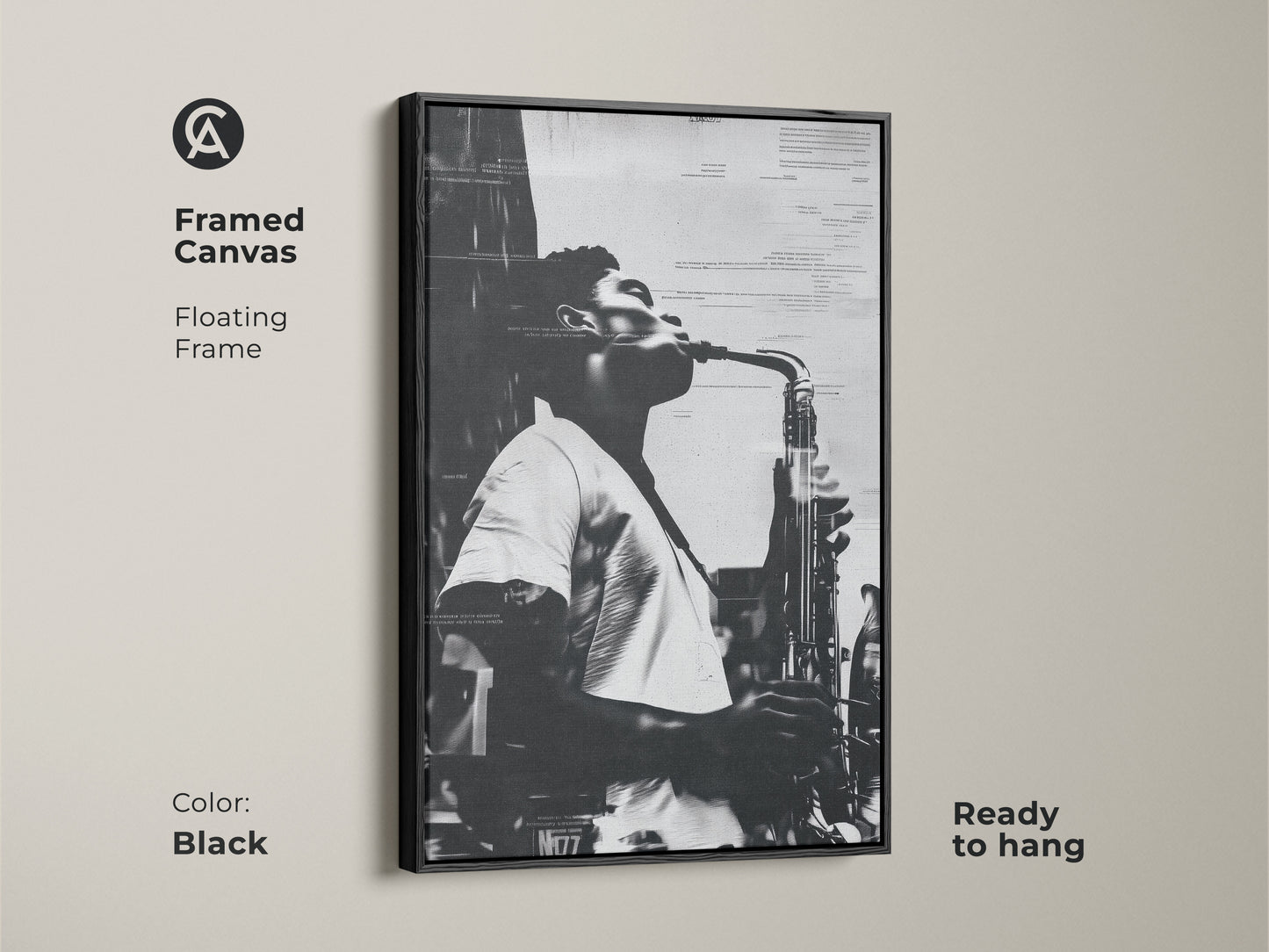 Framed canvas artwork featuring a musician playing saxophone. The black floating frame adds a modern touch. This black and white musical art is ready to hang. Ideal for jazz enthusiasts and art collectors.