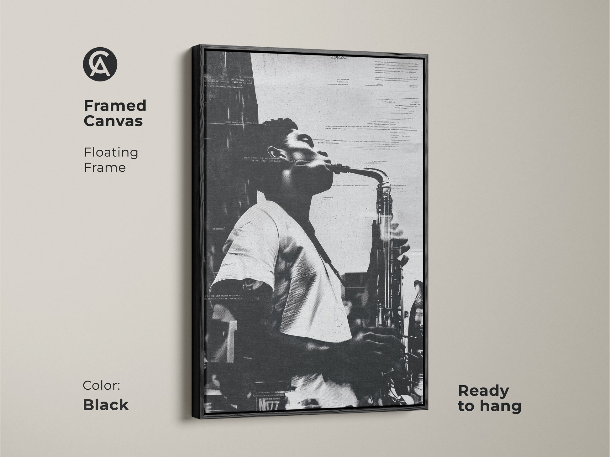 Framed canvas artwork featuring a musician playing saxophone. The black floating frame adds a modern touch. This black and white musical art is ready to hang. Ideal for jazz enthusiasts and art collectors.