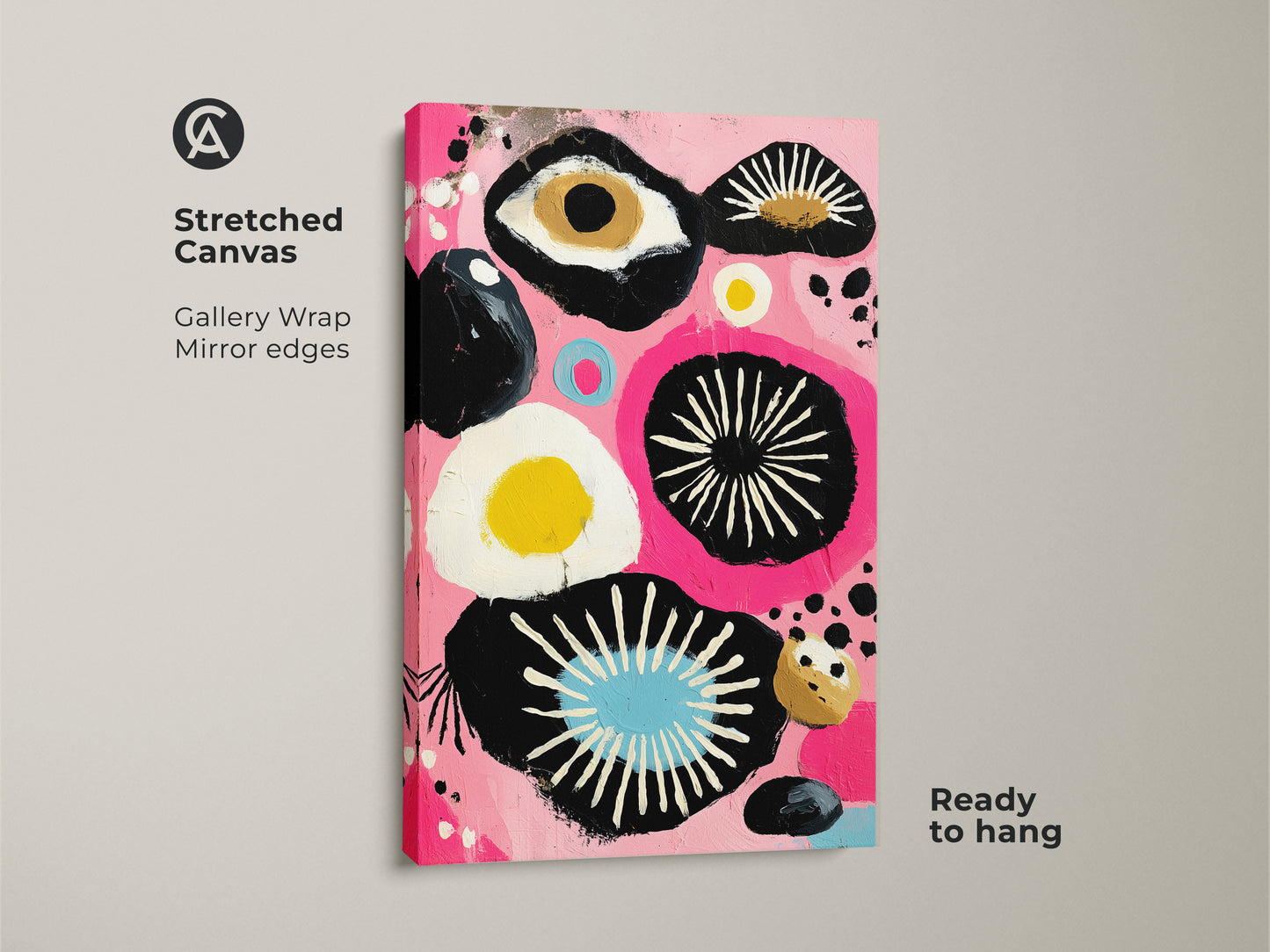 Stretched canvas showcasing pink abstract eye wall art. Gallery wrapped with mirrored edges for a modern look. Ready to hang eclectic pop art bedroom decor. Ideal gift for art enthusiasts.