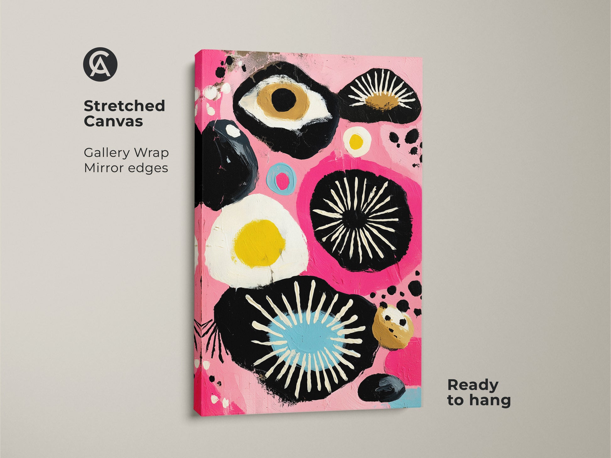 Stretched canvas showcasing pink abstract eye wall art. Gallery wrapped with mirrored edges for a modern look. Ready to hang eclectic pop art bedroom decor. Ideal gift for art enthusiasts.