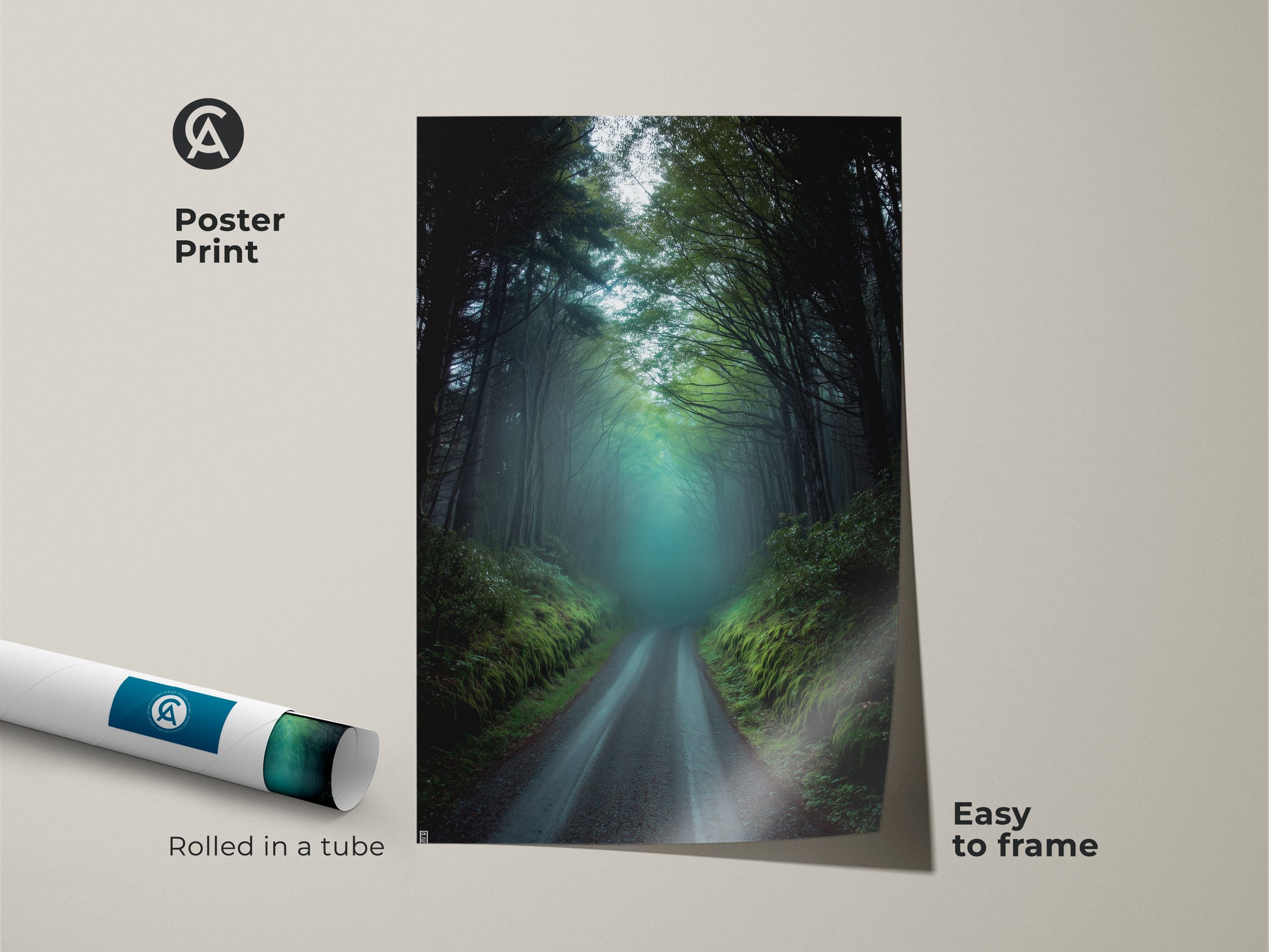 Poster print showcasing a misty forest road. This dark green teal nature landscape is easy to frame. Rolled in a tube this rustic woodland artwork brings a foggy trees pathway to your home. Perfect as residential wall art. It offers a serene atmospheric forest scene